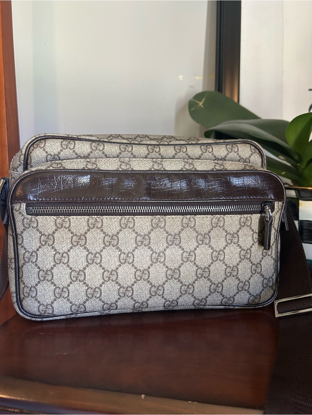 Authentic Gucci Beige GG Canvas Shoulder Bag with Brown Leather Trim